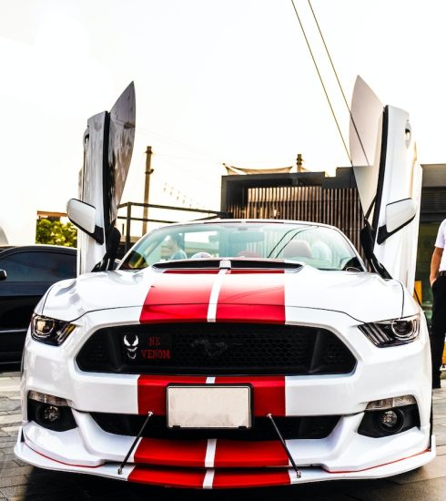 white and red Ford Mustang